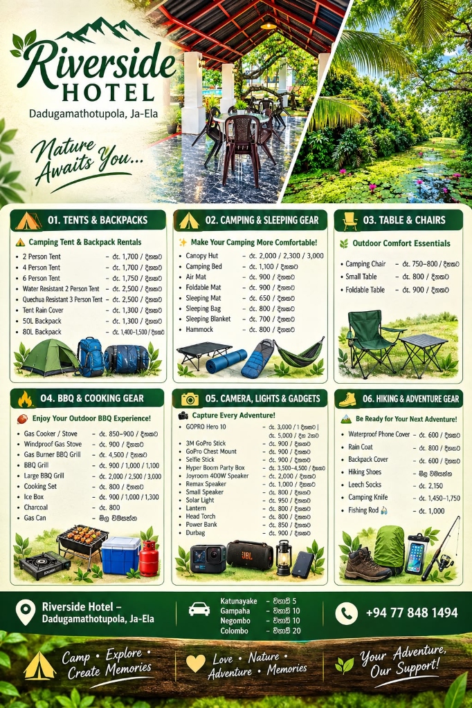 Official Riverside Hotel Camping Gear Rental Price List Flyer